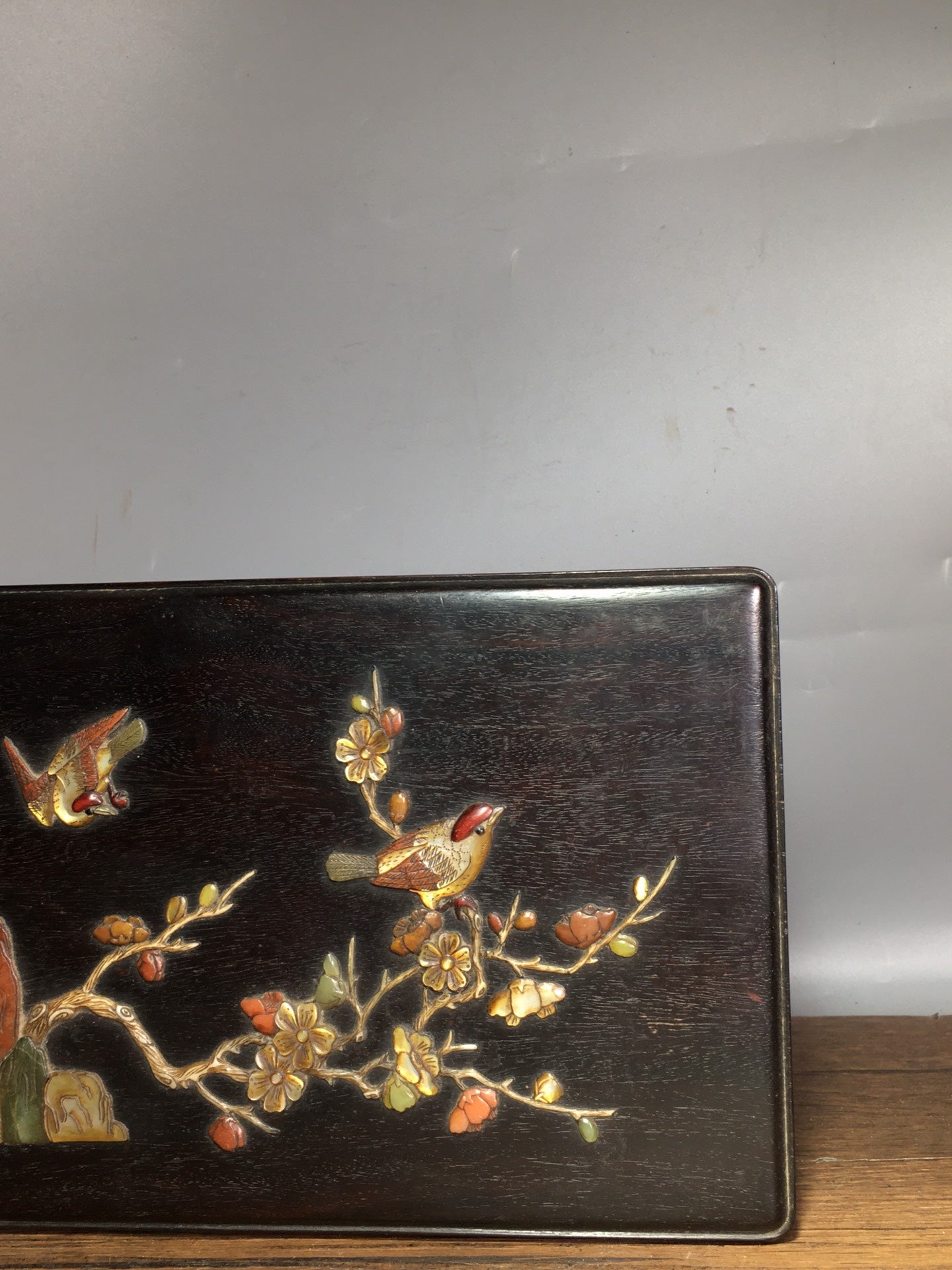 A0946 Vintage Chinese Zitan Wood Inlay Shell Plum Flower & Magpie Jewellery Box