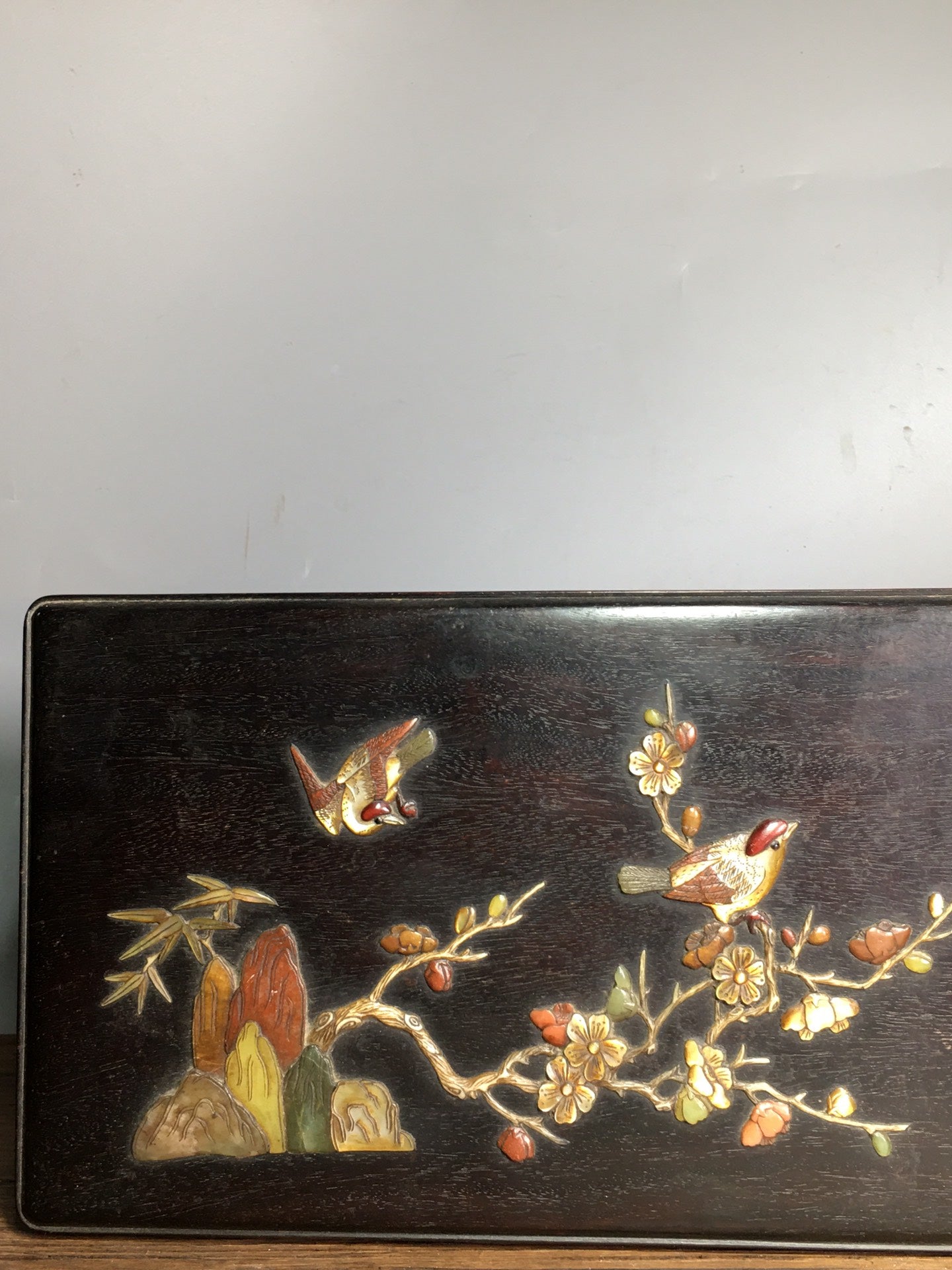 A0946 Vintage Chinese Zitan Wood Inlay Shell Plum Flower & Magpie Jewellery Box
