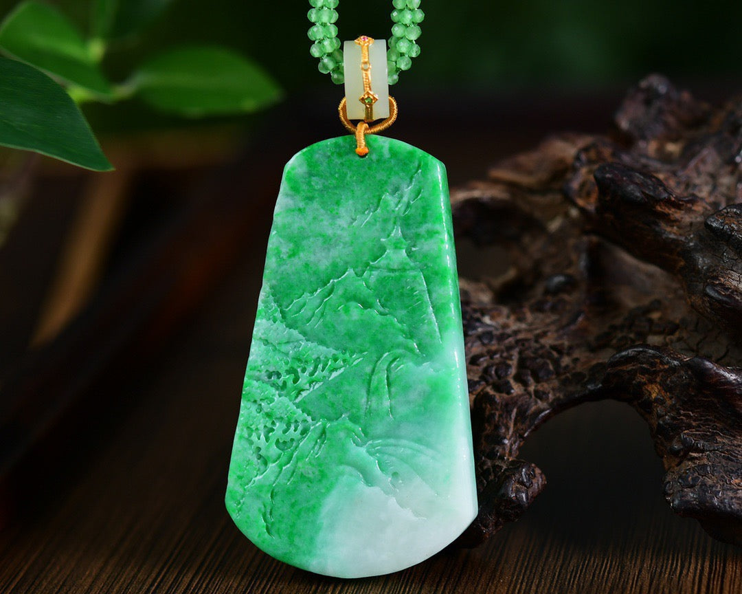 A0951 Exquisite Jadeite Carved Live In Remote Mountains Pendant w Beads Necklace