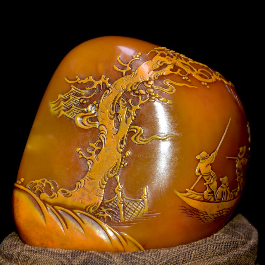 A0952 Superb Old Chinese Shoushan Tianhuang Stone Carved Pine Tree & Figure & Boat Seal Statue