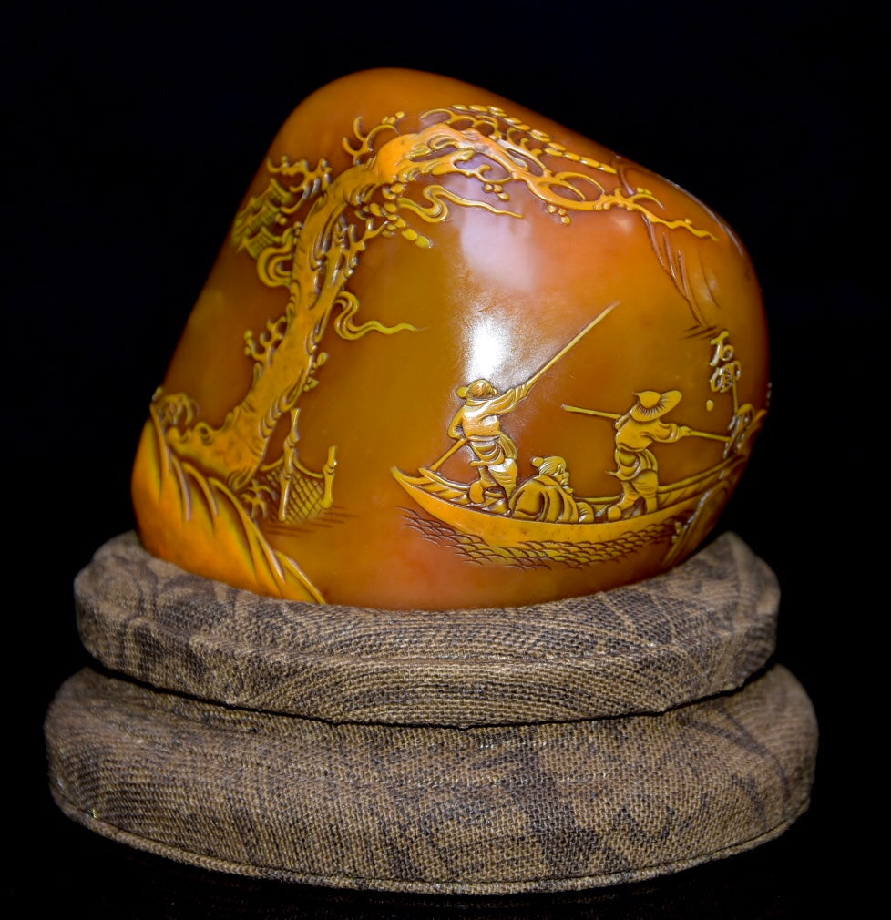 A0952 Superb Old Chinese Shoushan Tianhuang Stone Carved Pine Tree & Figure & Boat Seal Statue