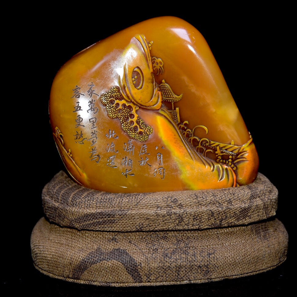 A0952 Superb Old Chinese Shoushan Tianhuang Stone Carved Pine Tree & Figure & Boat Seal Statue