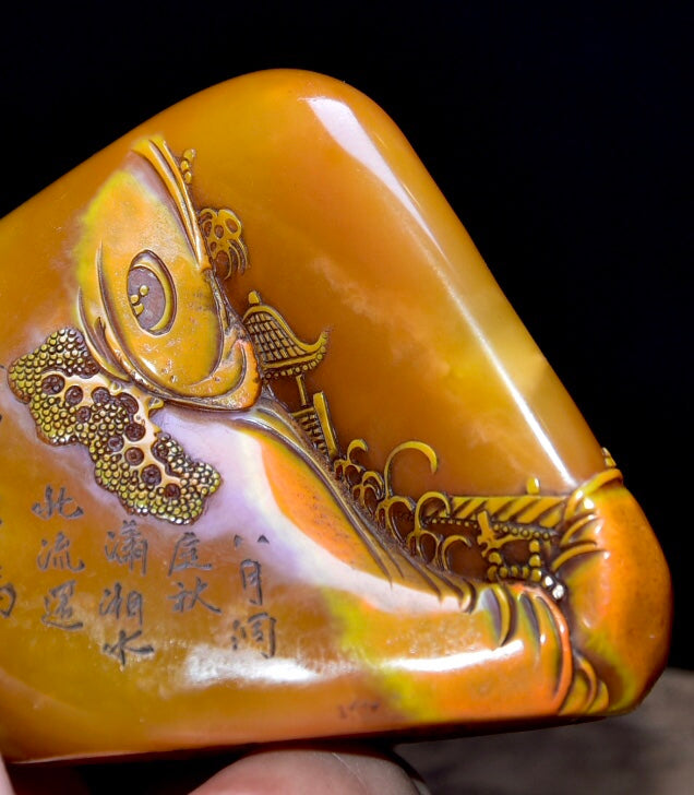 A0952 Superb Old Chinese Shoushan Tianhuang Stone Carved Pine Tree & Figure & Boat Seal Statue