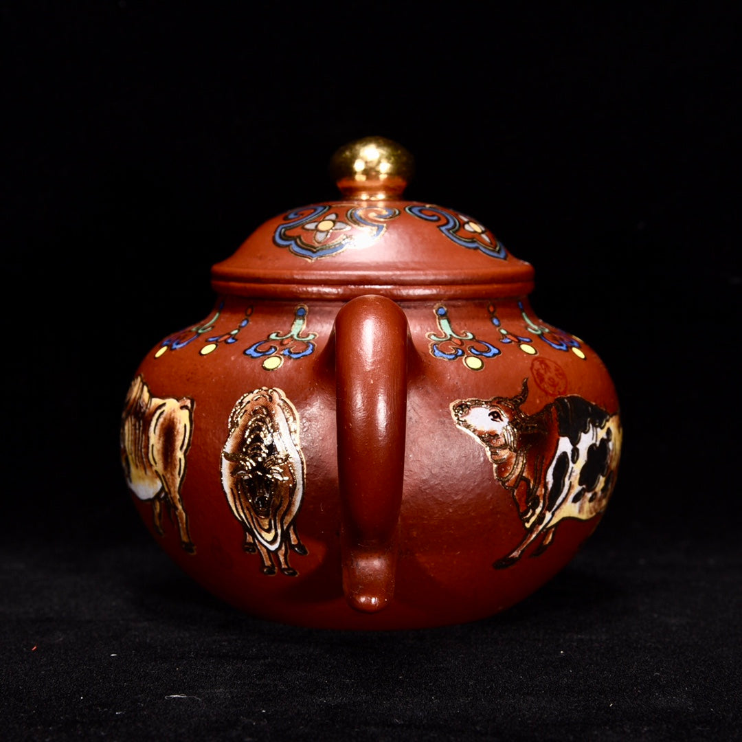 A0958 Chinese Gilt Gold Yixing Zisha Clay Five Ox Design Teapot w Artist Signed