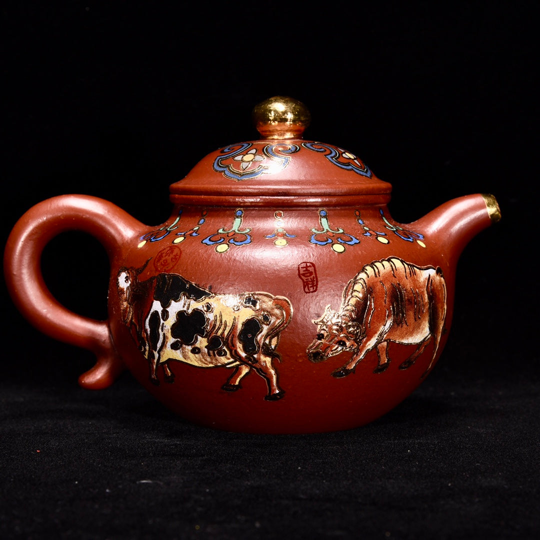 A0958 Chinese Gilt Gold Yixing Zisha Clay Five Ox Design Teapot w Artist Signed