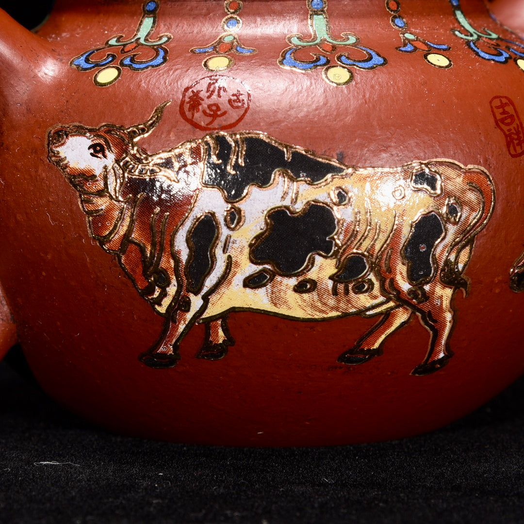 A0958 Chinese Gilt Gold Yixing Zisha Clay Five Ox Design Teapot w Artist Signed