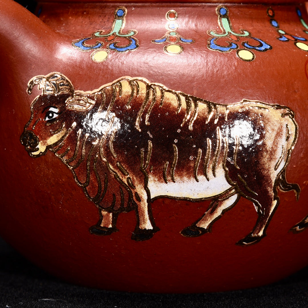A0958 Chinese Gilt Gold Yixing Zisha Clay Five Ox Design Teapot w Artist Signed