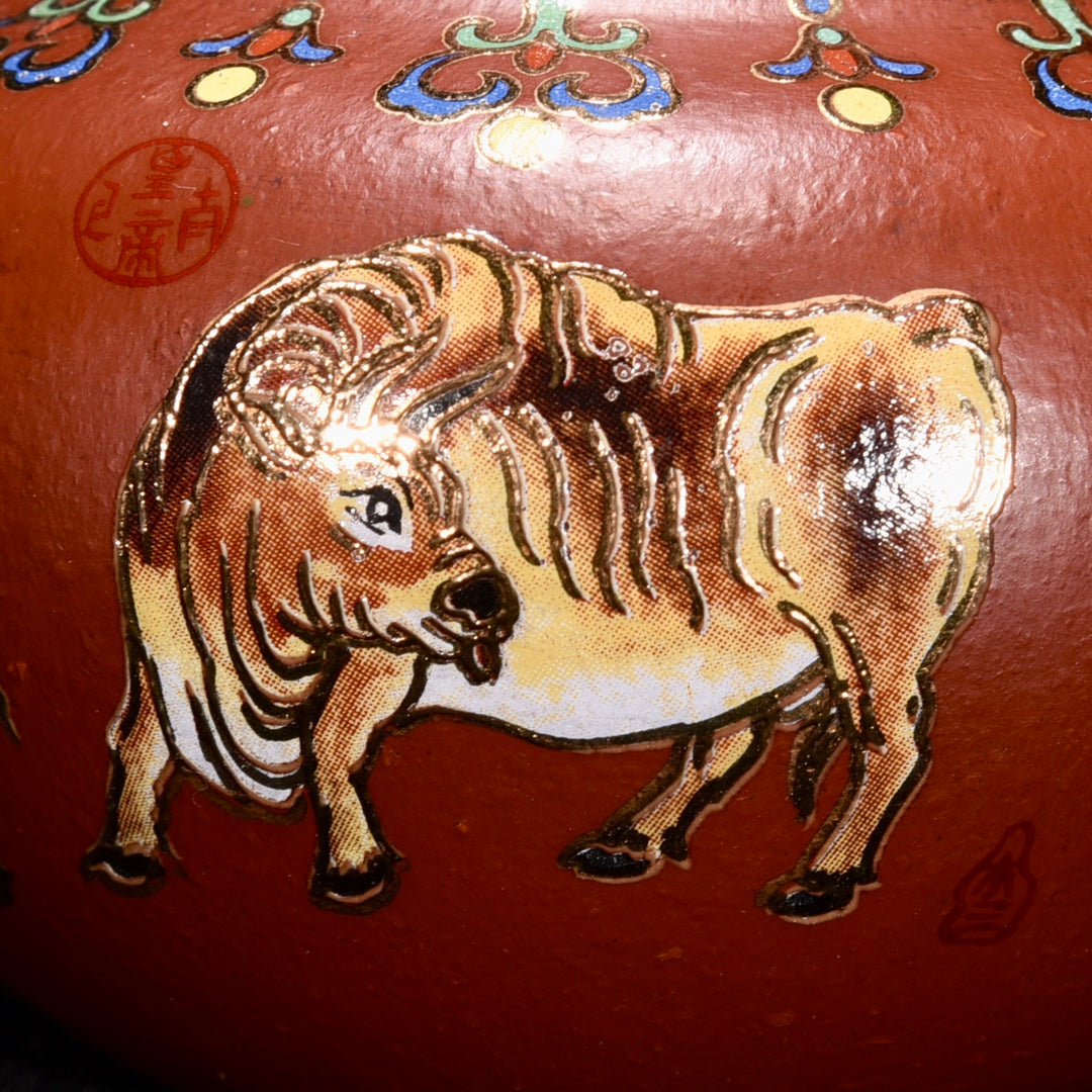 A0958 Chinese Gilt Gold Yixing Zisha Clay Five Ox Design Teapot w Artist Signed