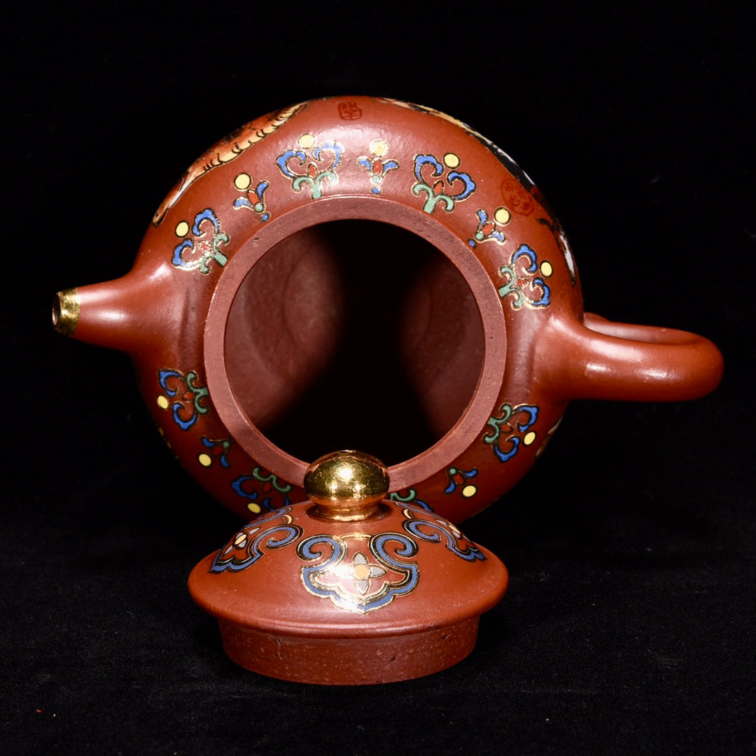 A0958 Chinese Gilt Gold Yixing Zisha Clay Five Ox Design Teapot w Artist Signed