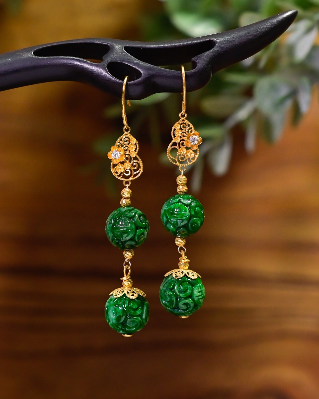 A0964 Exquisite 18K Gold Inlay Jadeite Earring