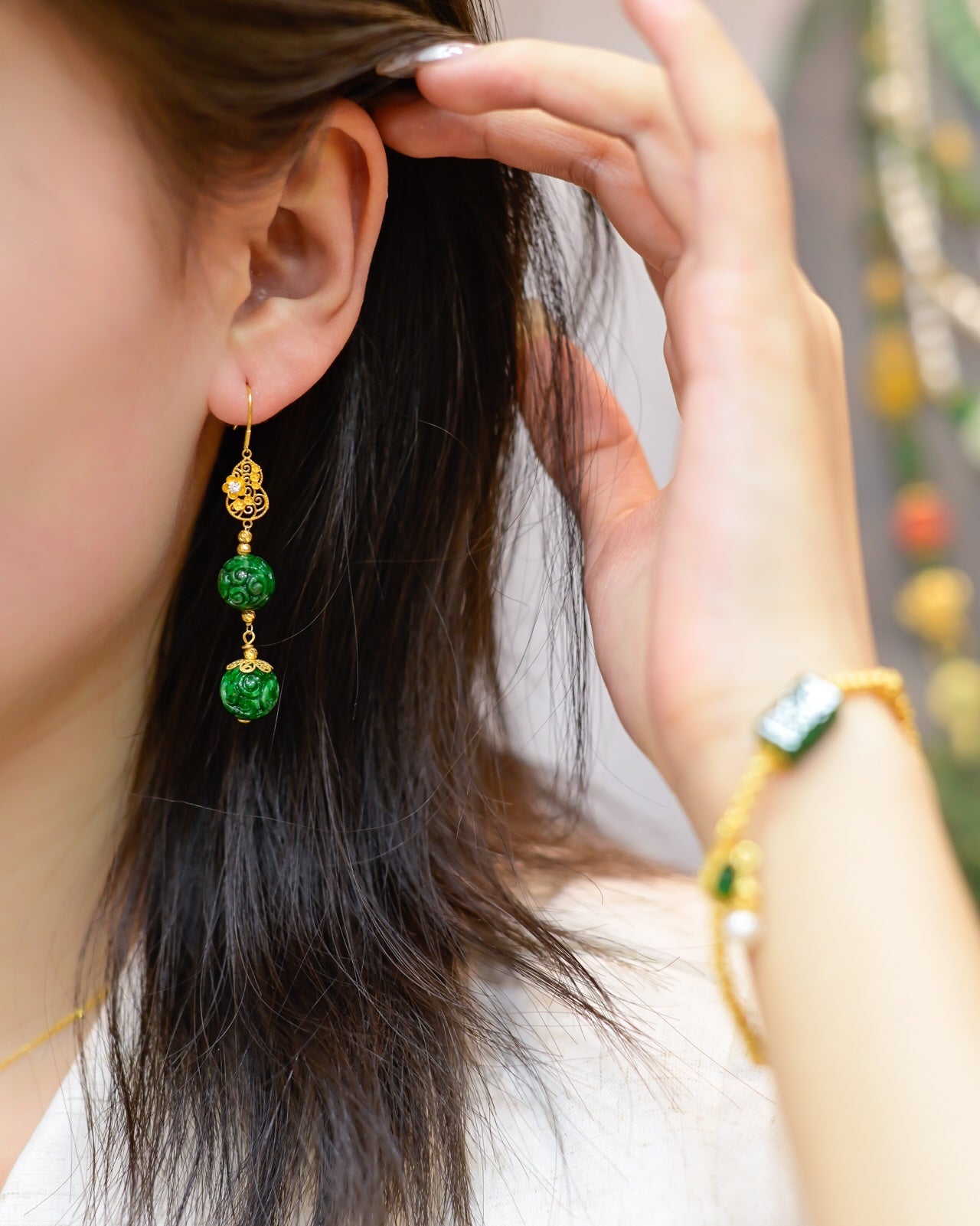 A0964 Exquisite 18K Gold Inlay Jadeite Earring
