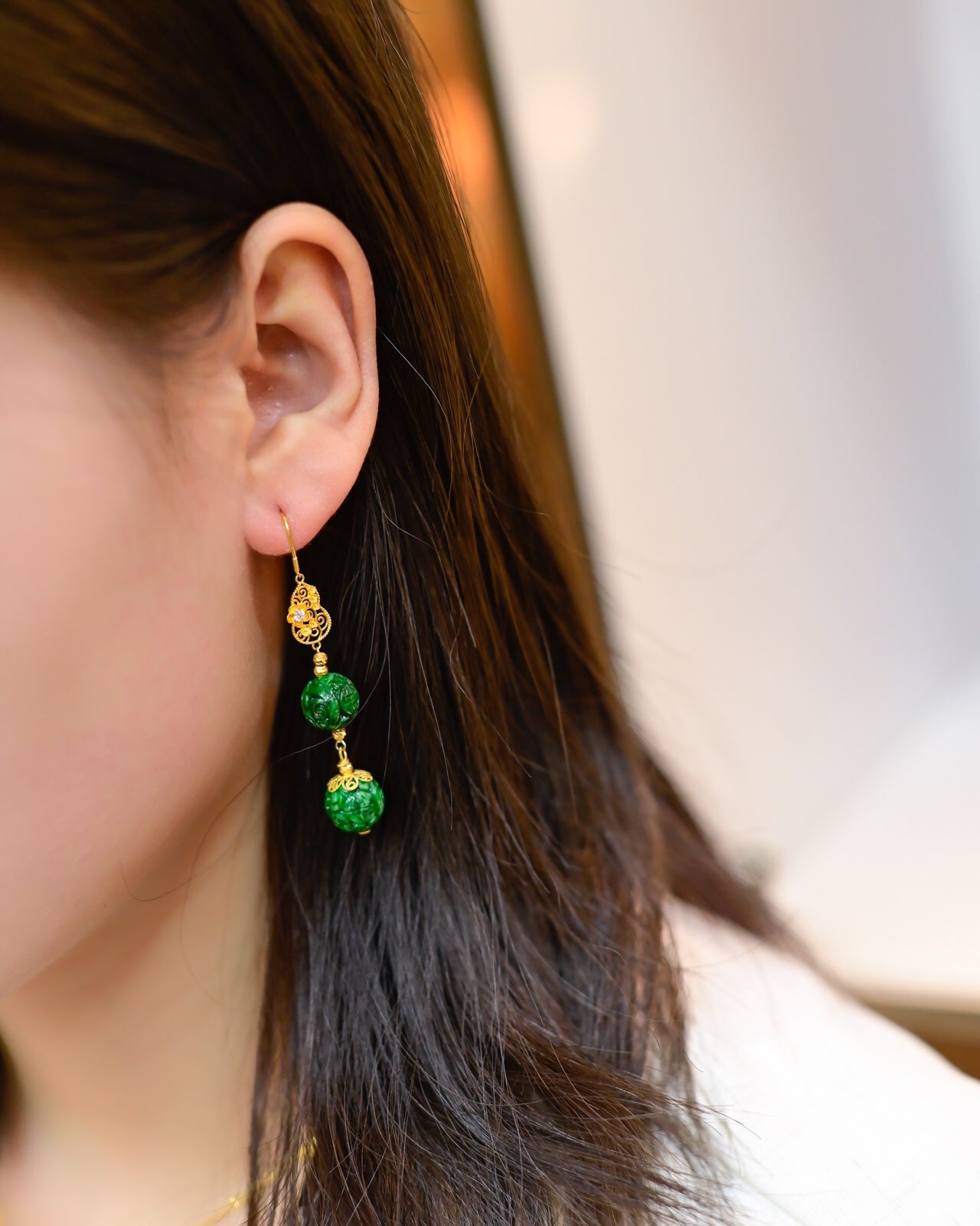 A0964 Exquisite 18K Gold Inlay Jadeite Earring