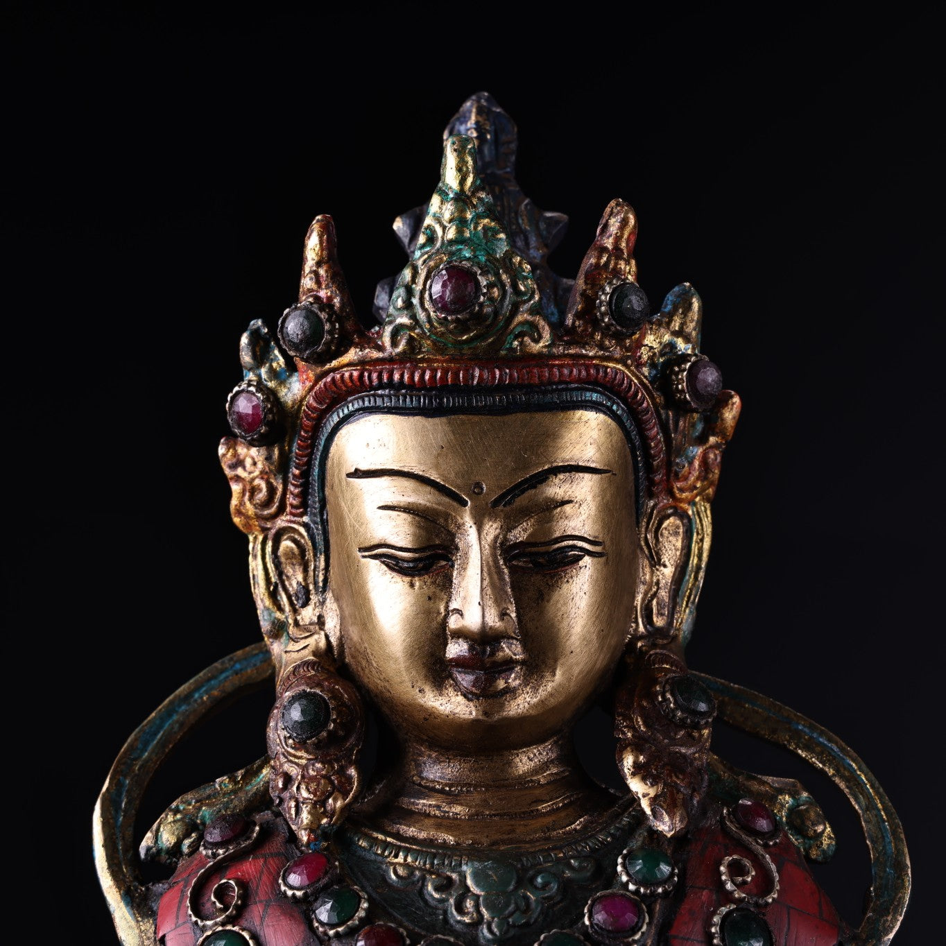 A0975 Tibetan Buddhism Gilt Gold Copper Inlay Turquoise & Gems Buddha Statue