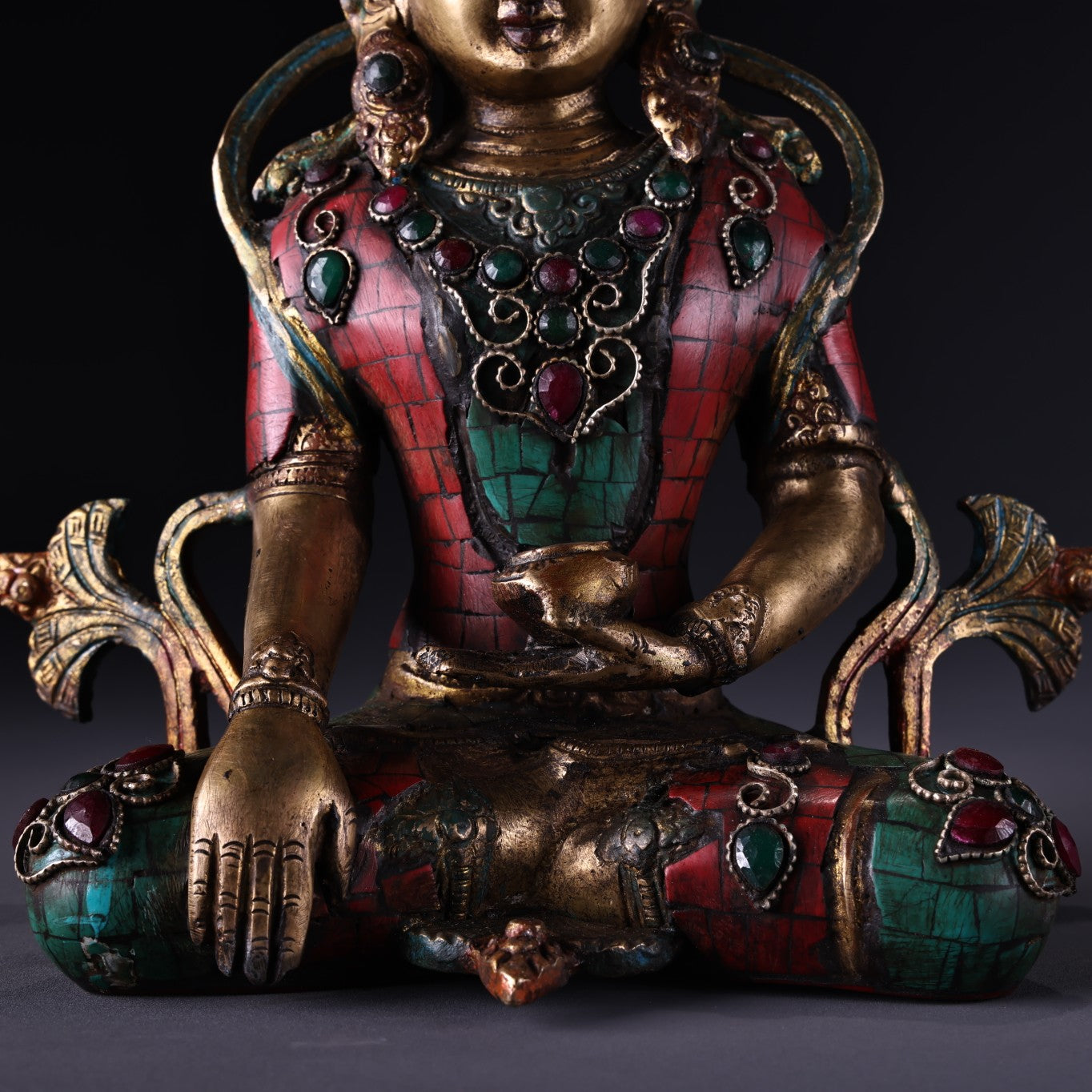 A0975 Tibetan Buddhism Gilt Gold Copper Inlay Turquoise & Gems Buddha Statue
