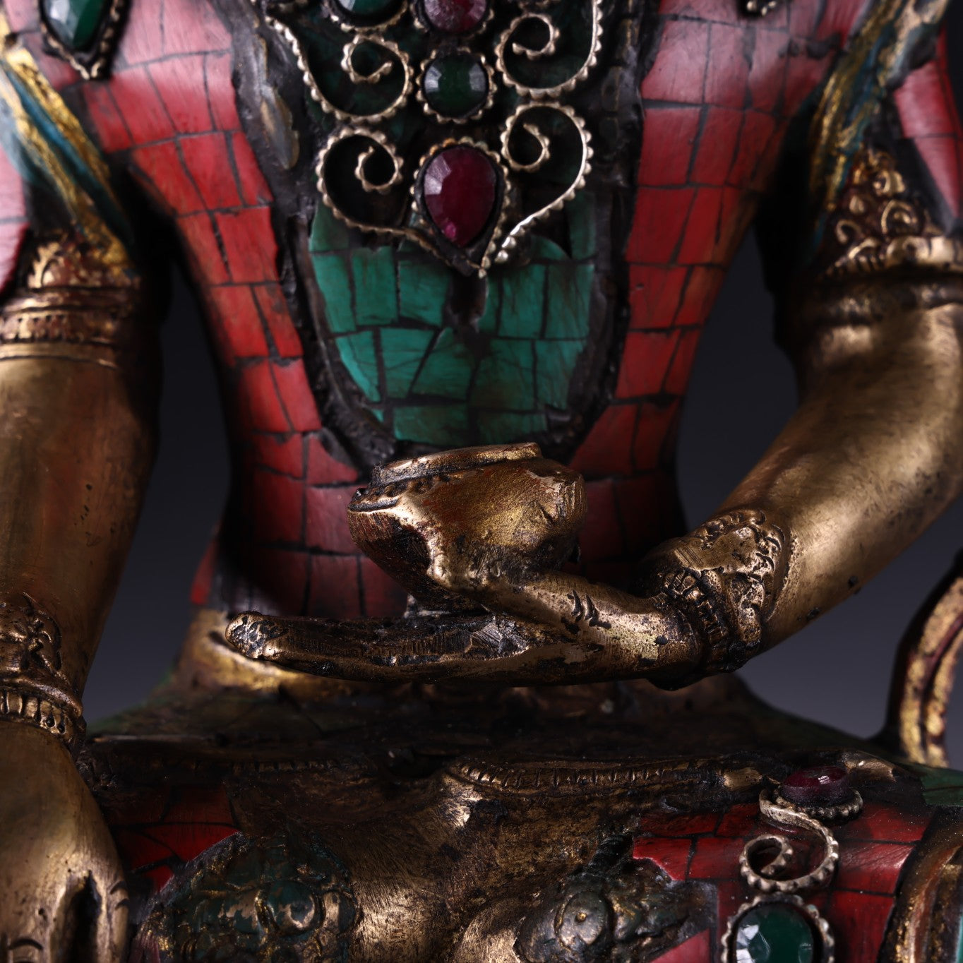 A0975 Tibetan Buddhism Gilt Gold Copper Inlay Turquoise & Gems Buddha Statue