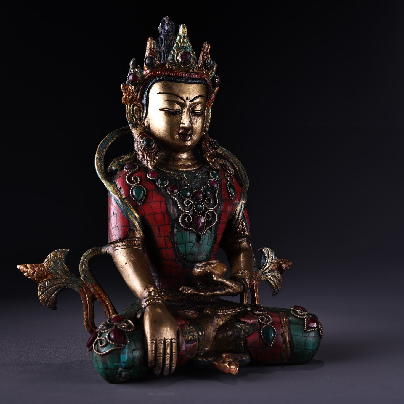 A0975 Tibetan Buddhism Gilt Gold Copper Inlay Turquoise & Gems Buddha Statue