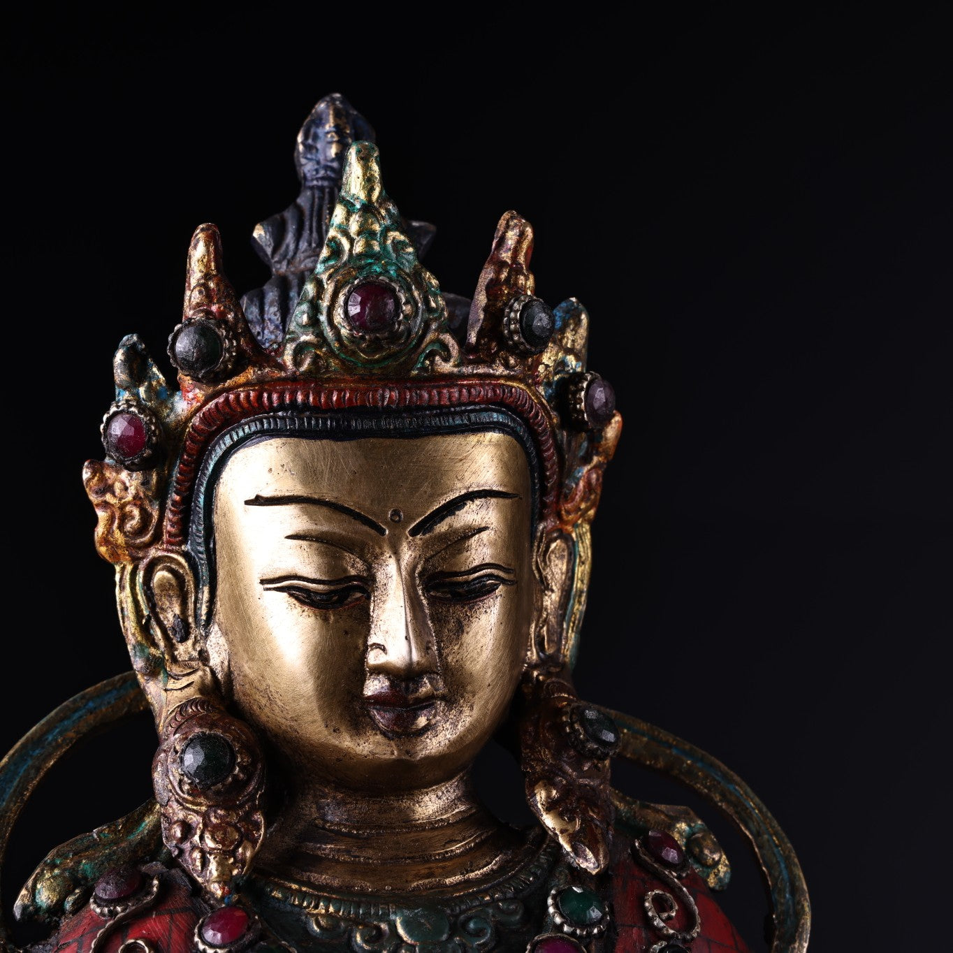 A0975 Tibetan Buddhism Gilt Gold Copper Inlay Turquoise & Gems Buddha Statue