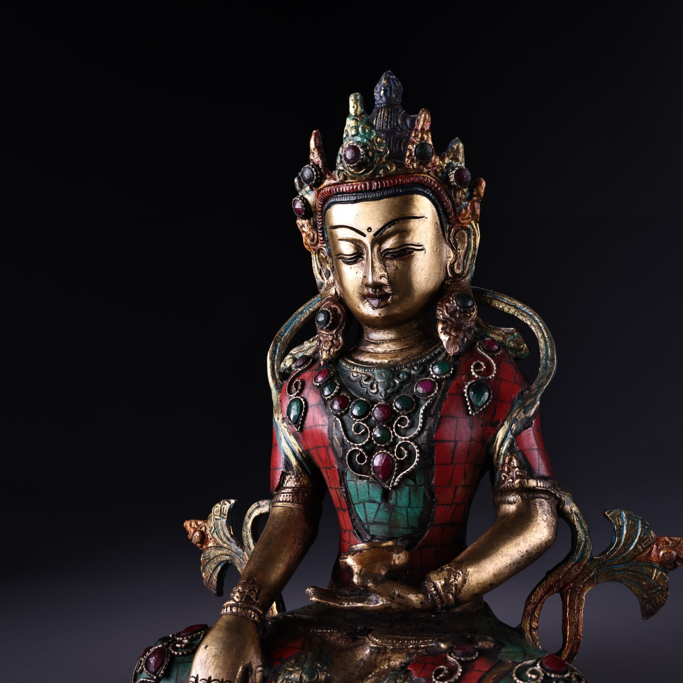 A0975 Tibetan Buddhism Gilt Gold Copper Inlay Turquoise & Gems Buddha Statue