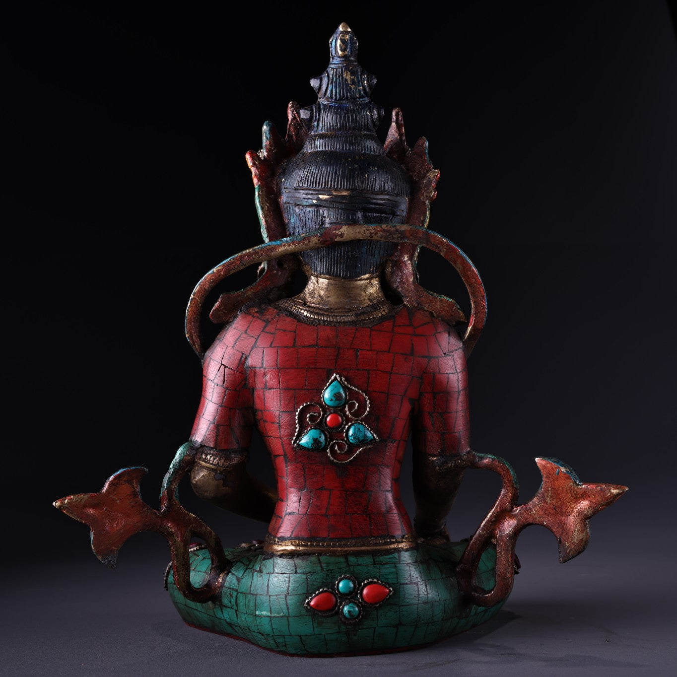 A0975 Tibetan Buddhism Gilt Gold Copper Inlay Turquoise & Gems Buddha Statue