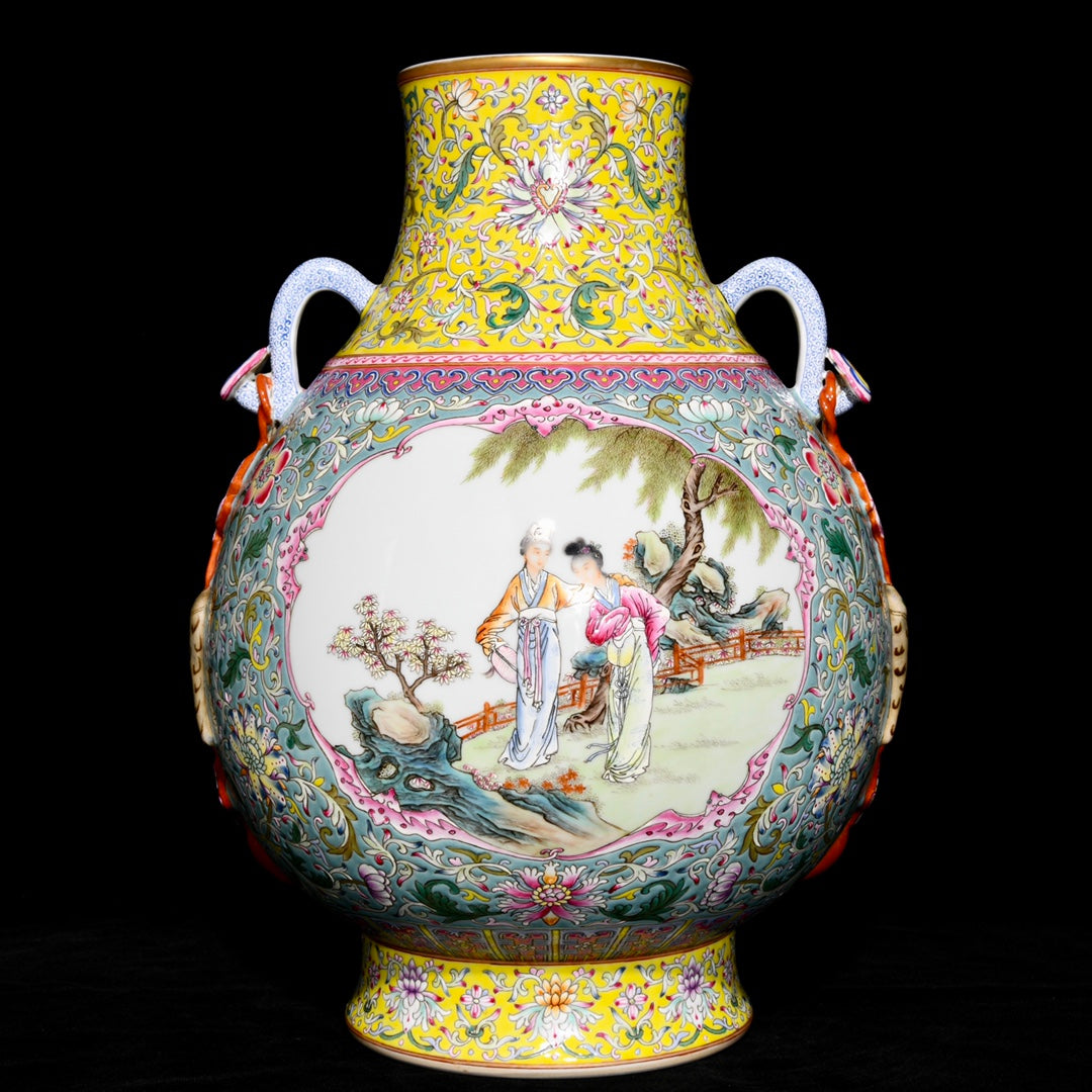 A0983 Chinese Qing Dynasty Gilt Edge Famille Rose Beautiful WomanDesign Porcelain Vase