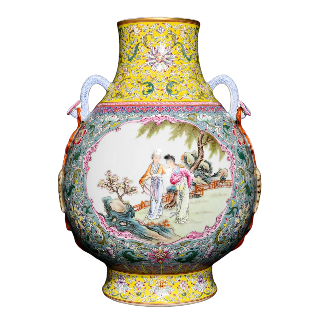 A0983 Chinese Qing Dynasty Gilt Edge Famille Rose Beautiful WomanDesign Porcelain Vase