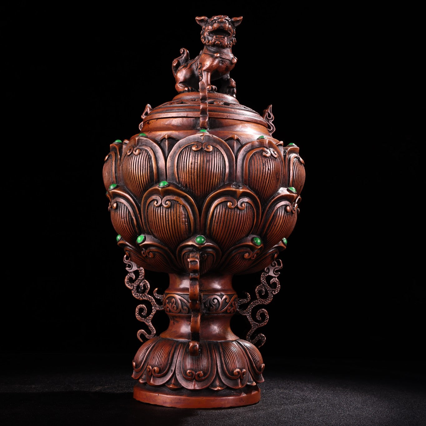 A0988 Vintage Chinese Copper Inlay Gem Fortune Lion & Lotus Flower Incense Burner