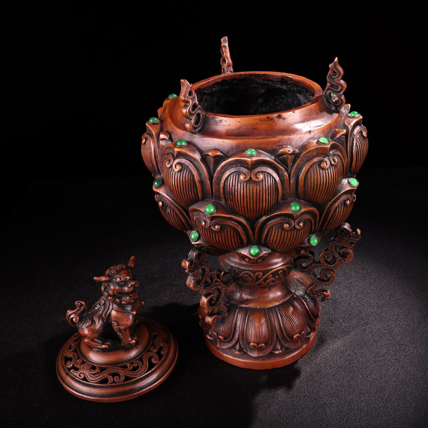 A0988 Vintage Chinese Copper Inlay Gem Fortune Lion & Lotus Flower Incense Burner