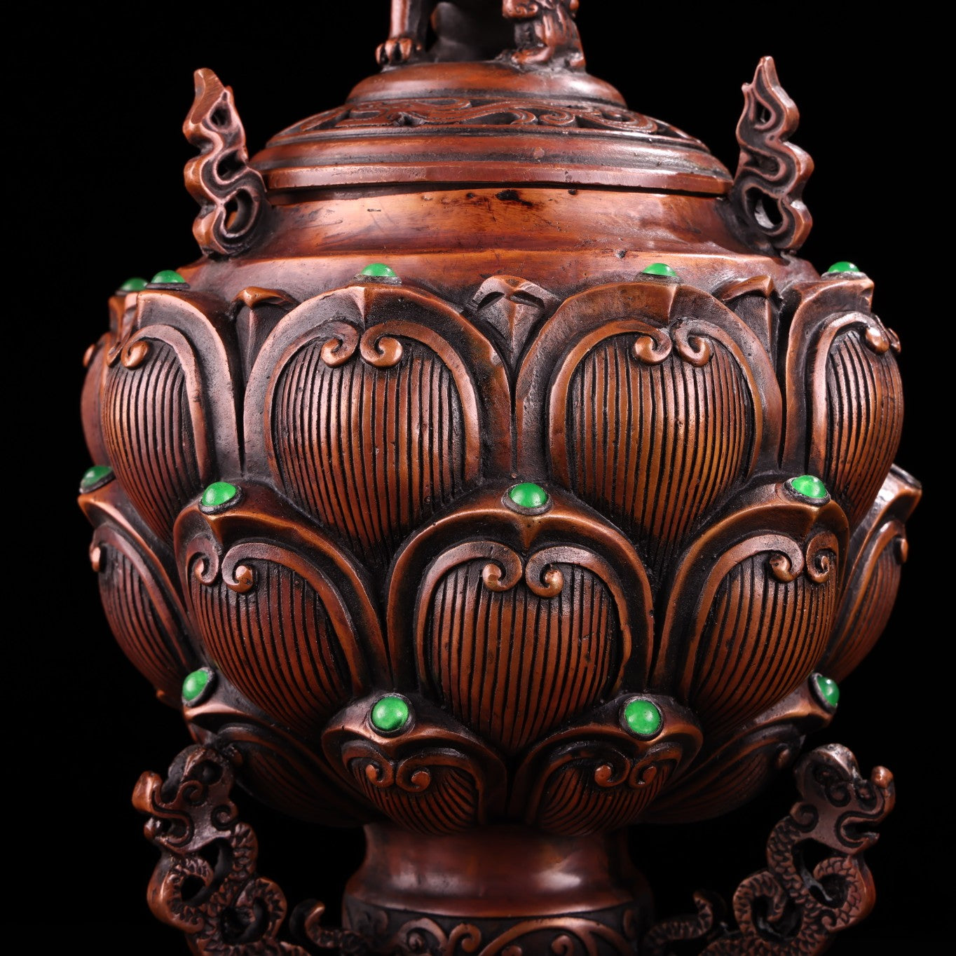 A0988 Vintage Chinese Copper Inlay Gem Fortune Lion & Lotus Flower Incense Burner