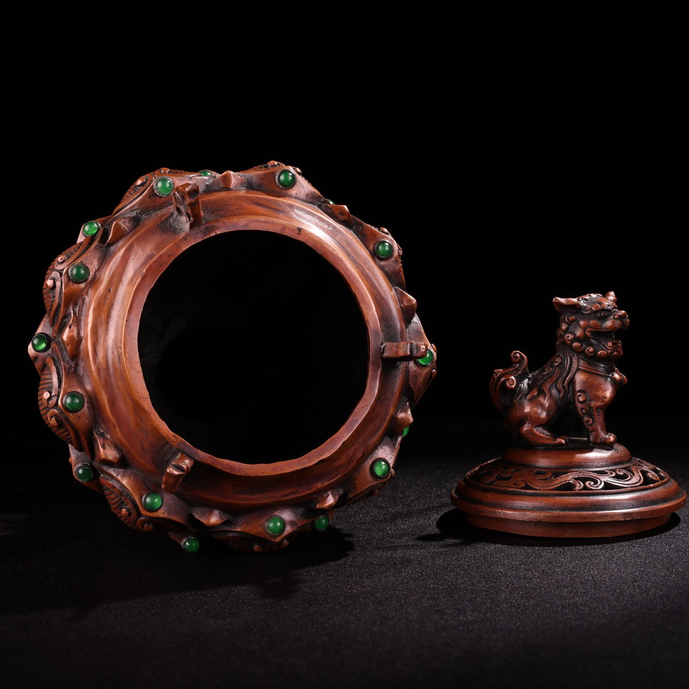 A0988 Vintage Chinese Copper Inlay Gem Fortune Lion & Lotus Flower Incense Burner