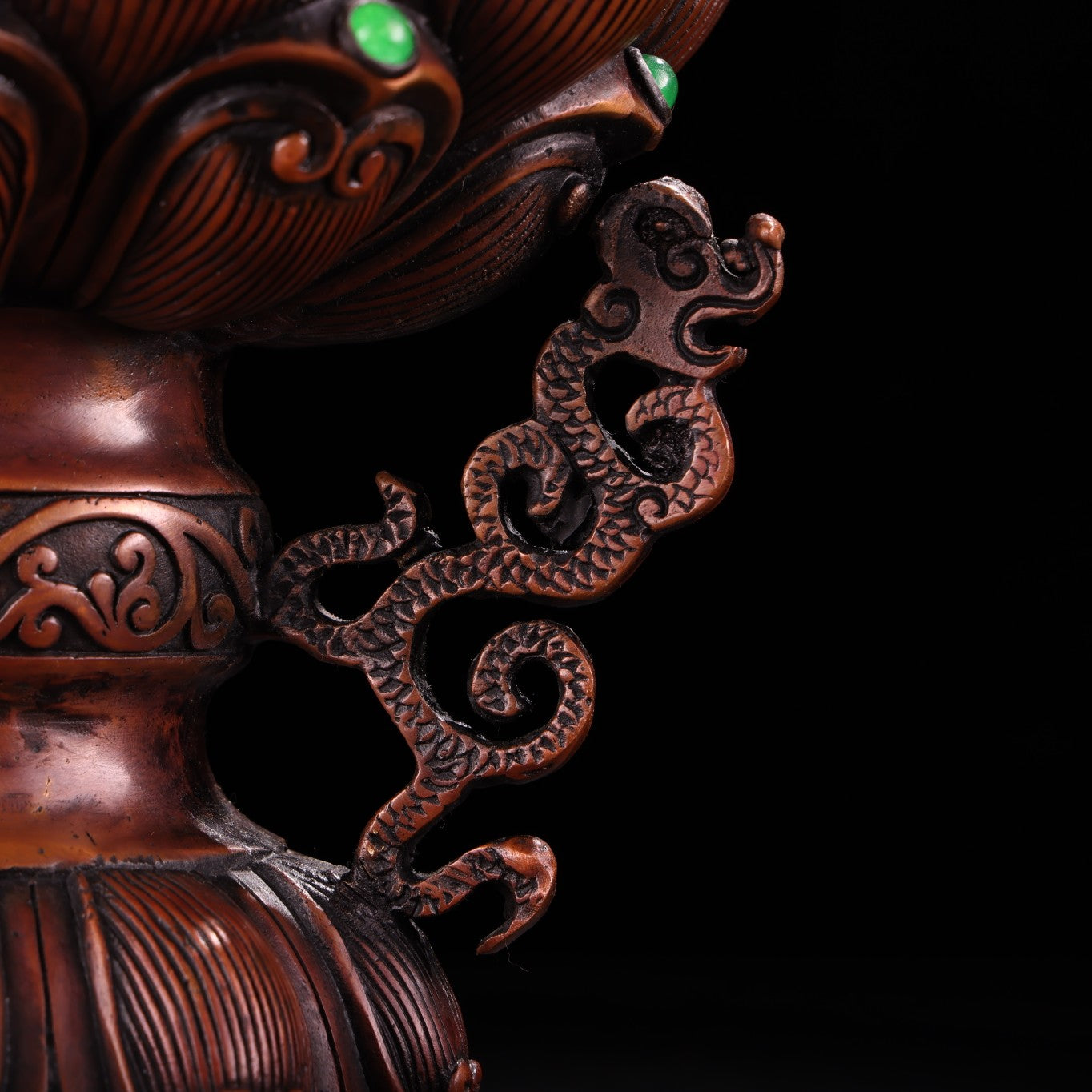 A0988 Vintage Chinese Copper Inlay Gem Fortune Lion & Lotus Flower Incense Burner