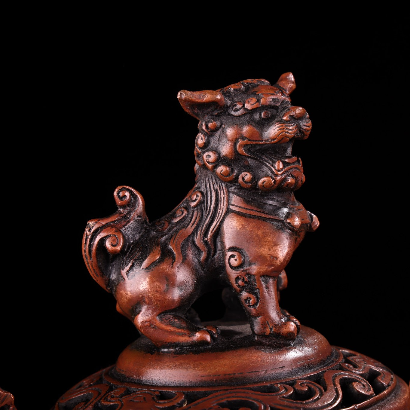 A0988 Vintage Chinese Copper Inlay Gem Fortune Lion & Lotus Flower Incense Burner