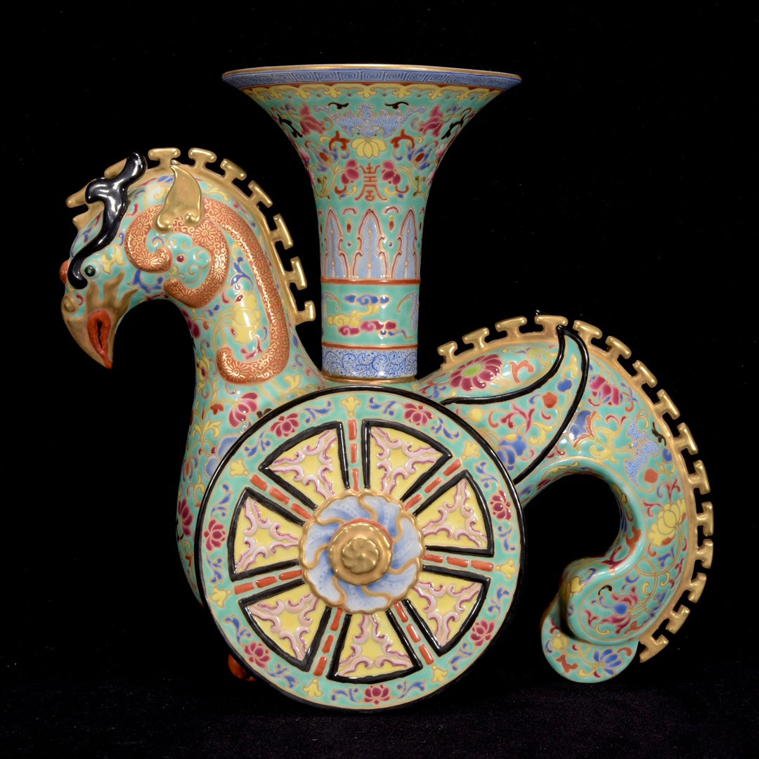 A0989 Chinese Qing Dynasty Gilt Edge Famille Rose Phoenix Porcelain Vase
