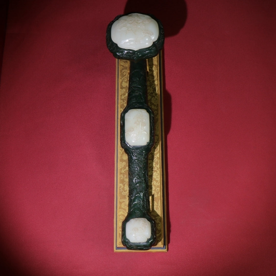 A0994 Superb Chinese Green Hetian Jade Inlay White Hetian Jade Ruyi Scepter