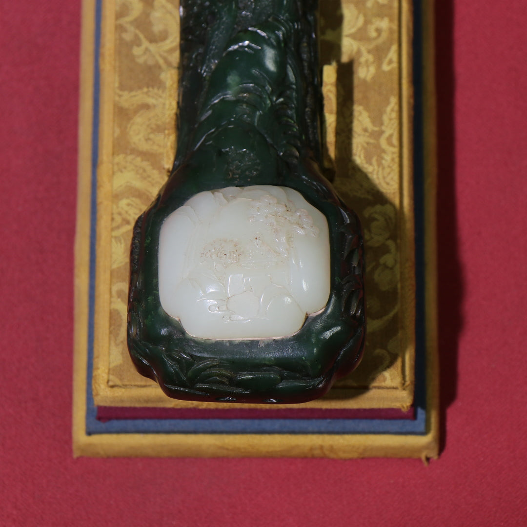 A0994 Superb Chinese Green Hetian Jade Inlay White Hetian Jade Ruyi Scepter