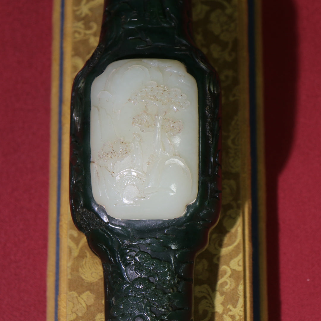 A0994 Superb Chinese Green Hetian Jade Inlay White Hetian Jade Ruyi Scepter