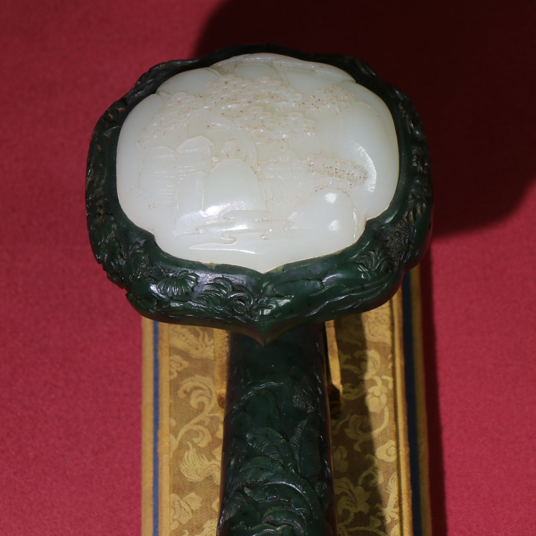 A0994 Superb Chinese Green Hetian Jade Inlay White Hetian Jade Ruyi Scepter