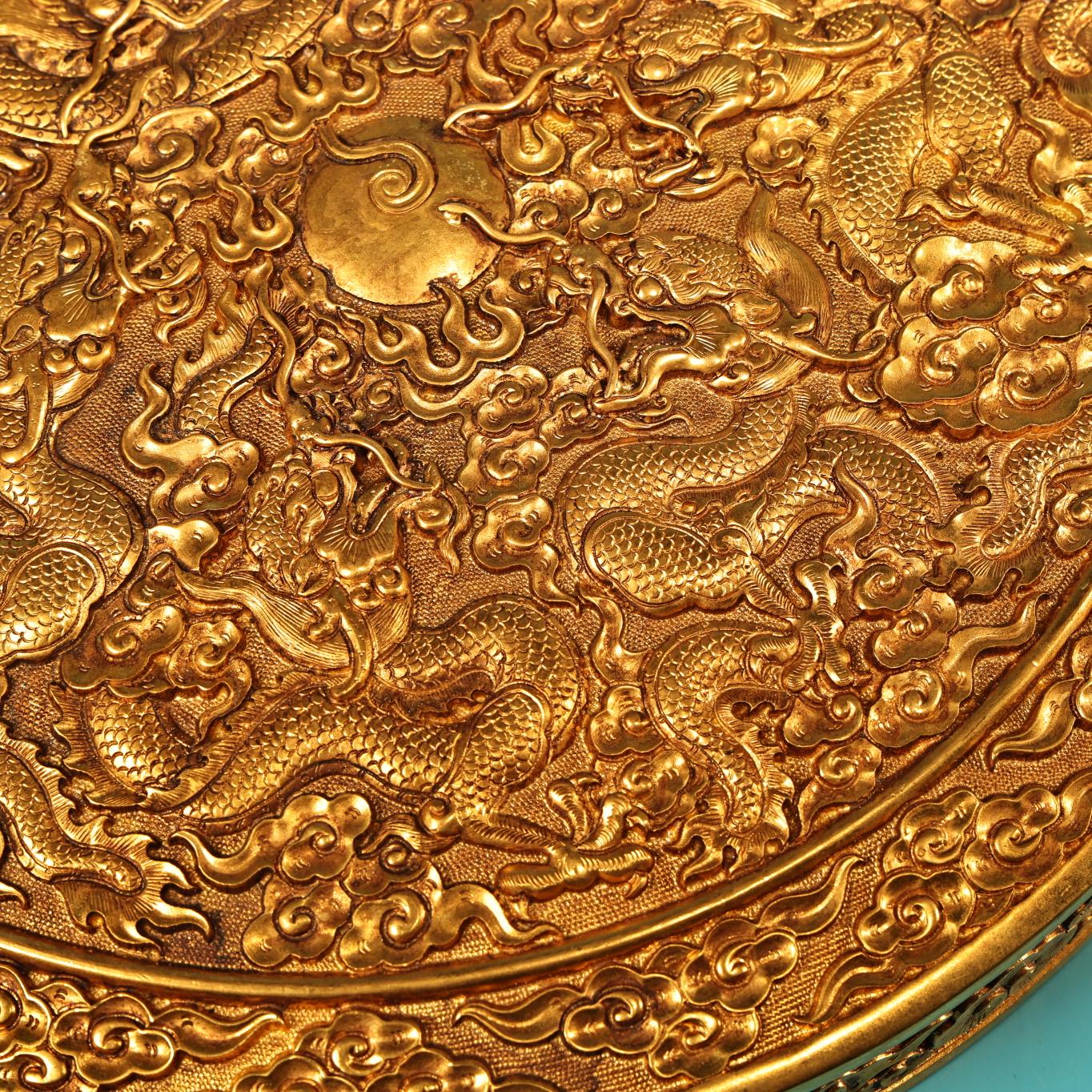 A0998 Vintage Chinese Gilt Gold Copper Low Relief Nine Dragon Jewellery Box