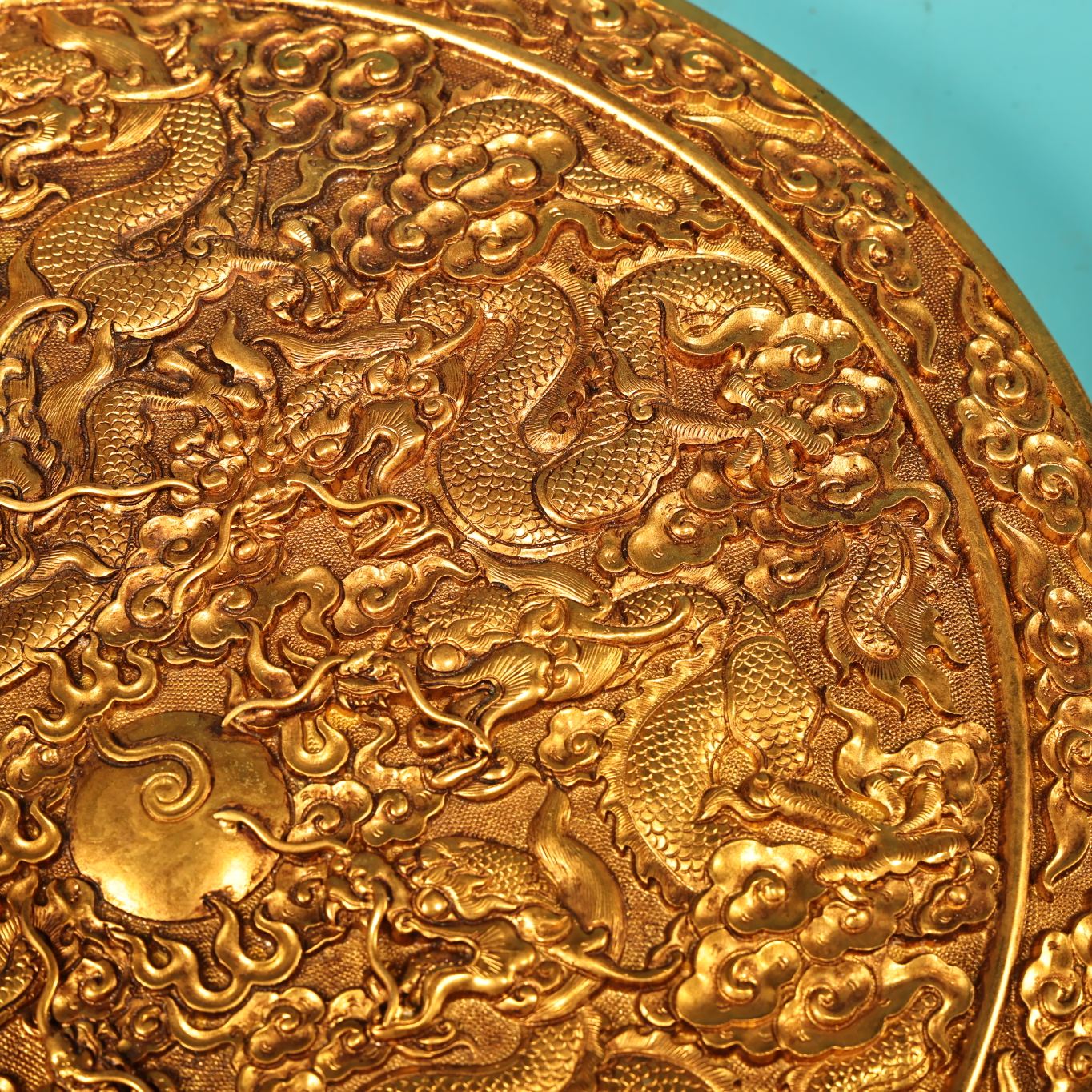 A0998 Vintage Chinese Gilt Gold Copper Low Relief Nine Dragon Jewellery Box