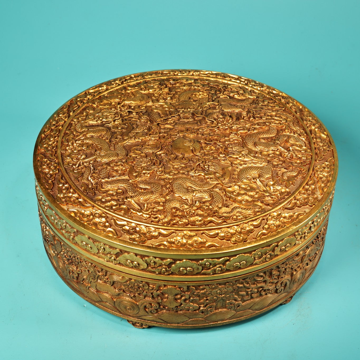 A0998 Vintage Chinese Gilt Gold Copper Low Relief Nine Dragon Jewellery Box