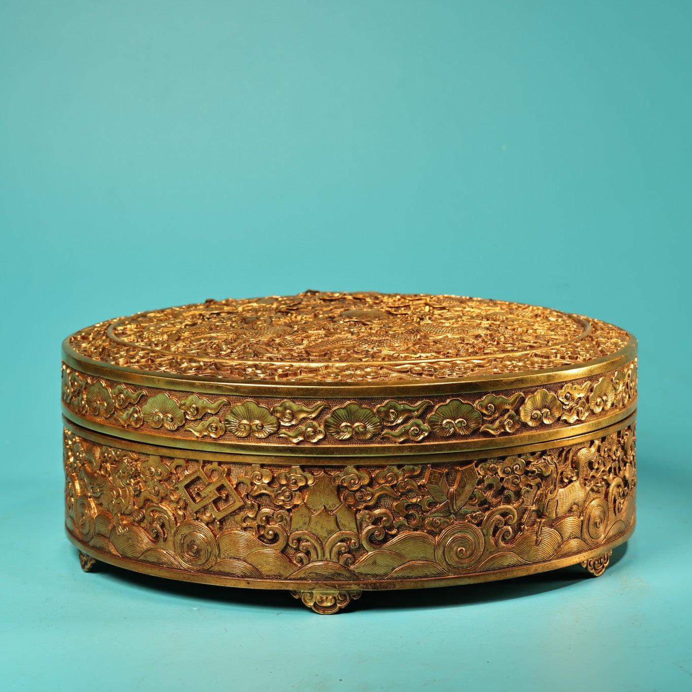 A0998 Vintage Chinese Gilt Gold Copper Low Relief Nine Dragon Jewellery Box