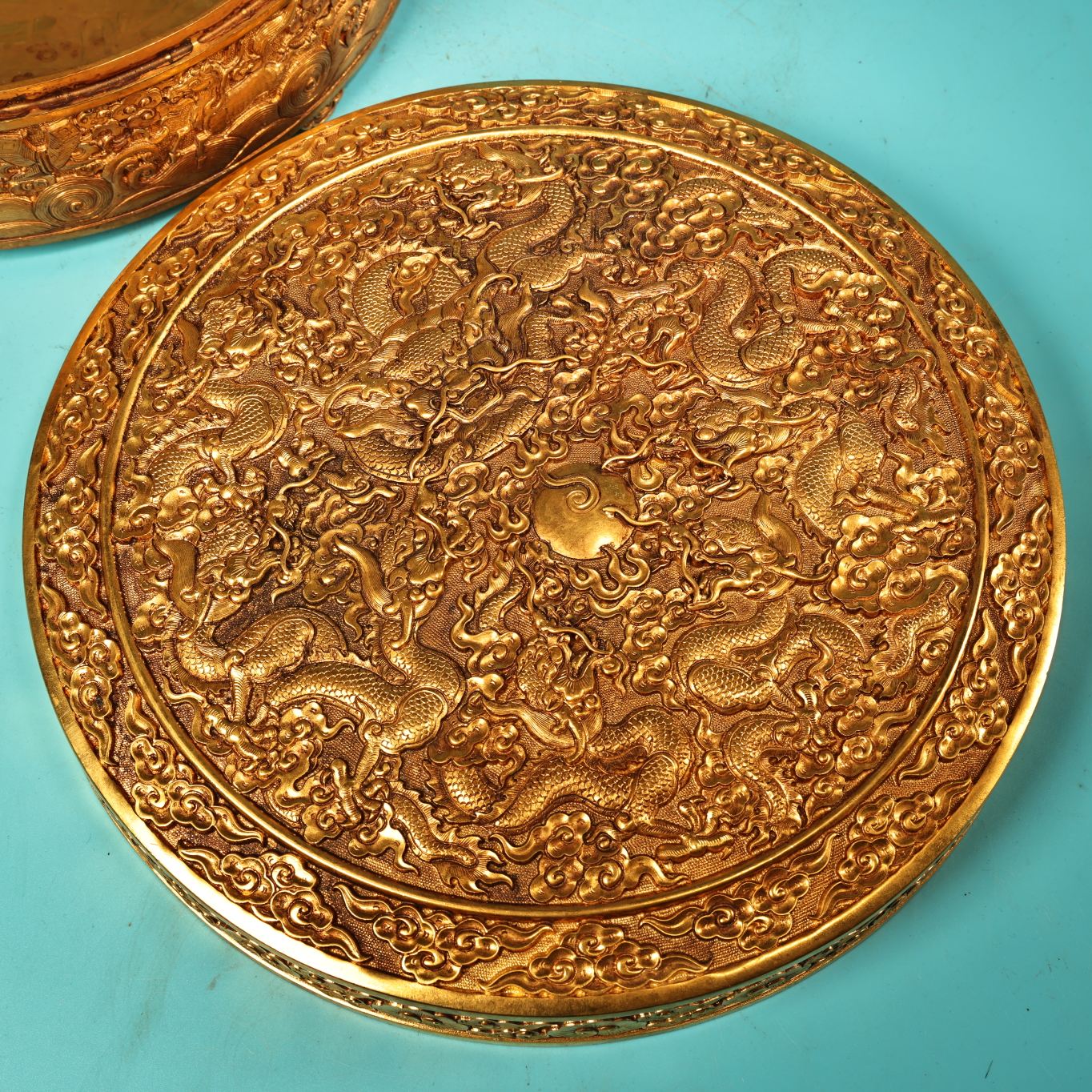 A0998 Vintage Chinese Gilt Gold Copper Low Relief Nine Dragon Jewellery Box