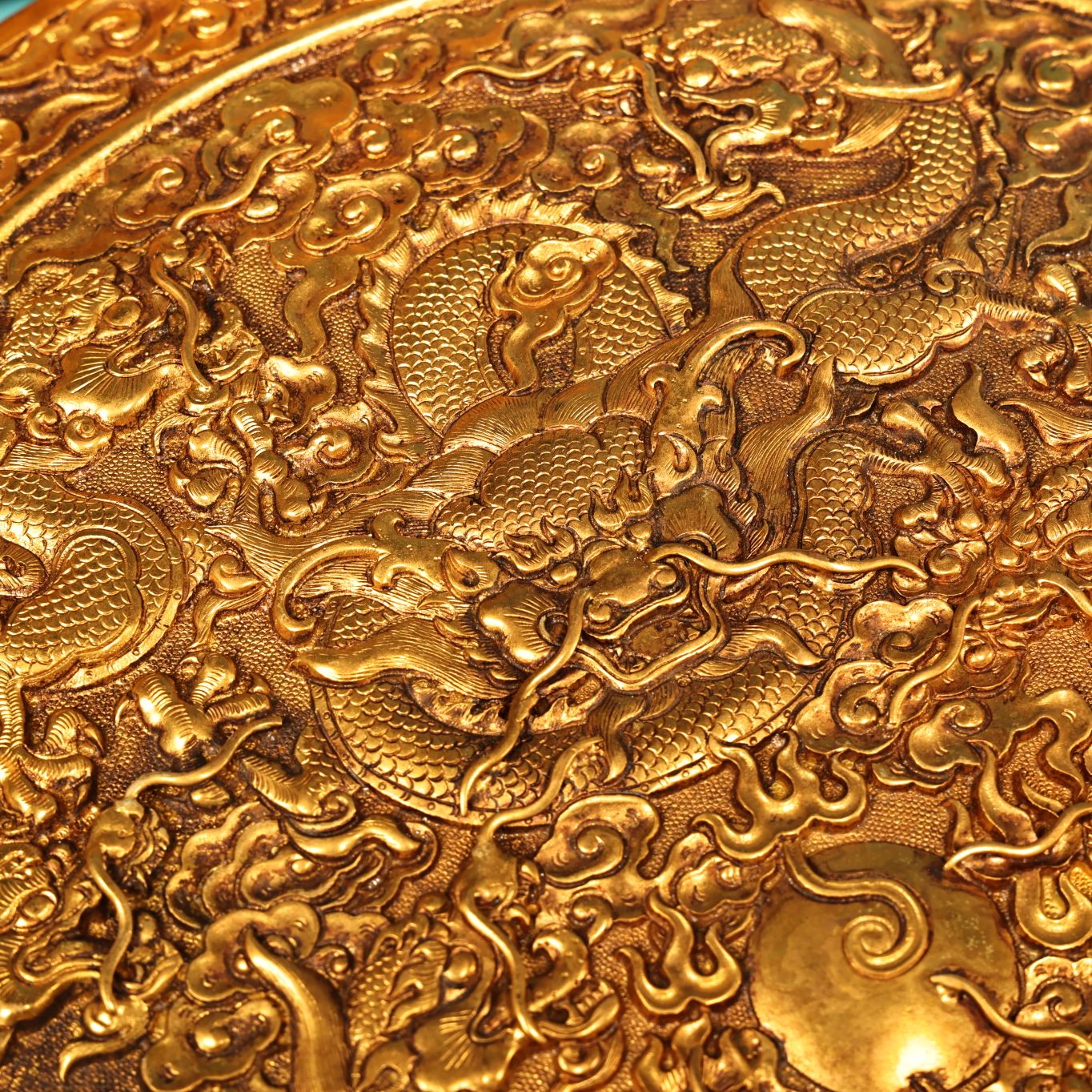 A0998 Vintage Chinese Gilt Gold Copper Low Relief Nine Dragon Jewellery Box