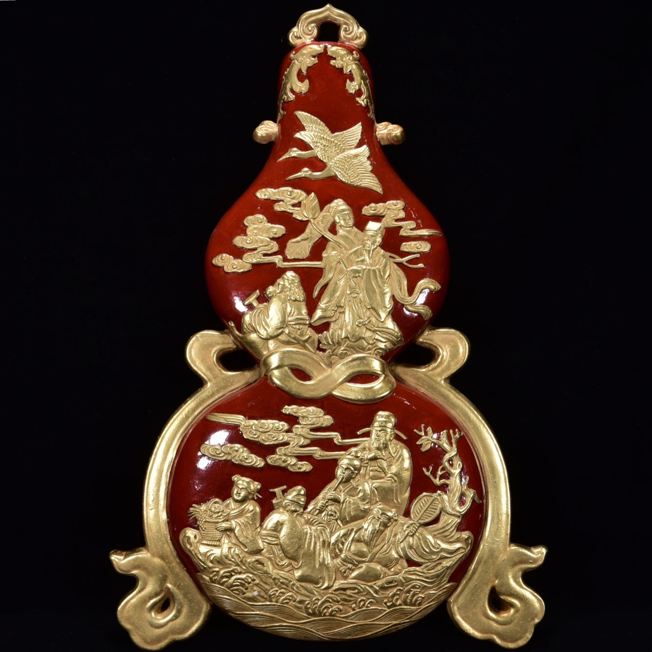 A1003 Chinese Qing Dynasty Gilt Gold Red Glaze Gourd Shape Porcelain Vase