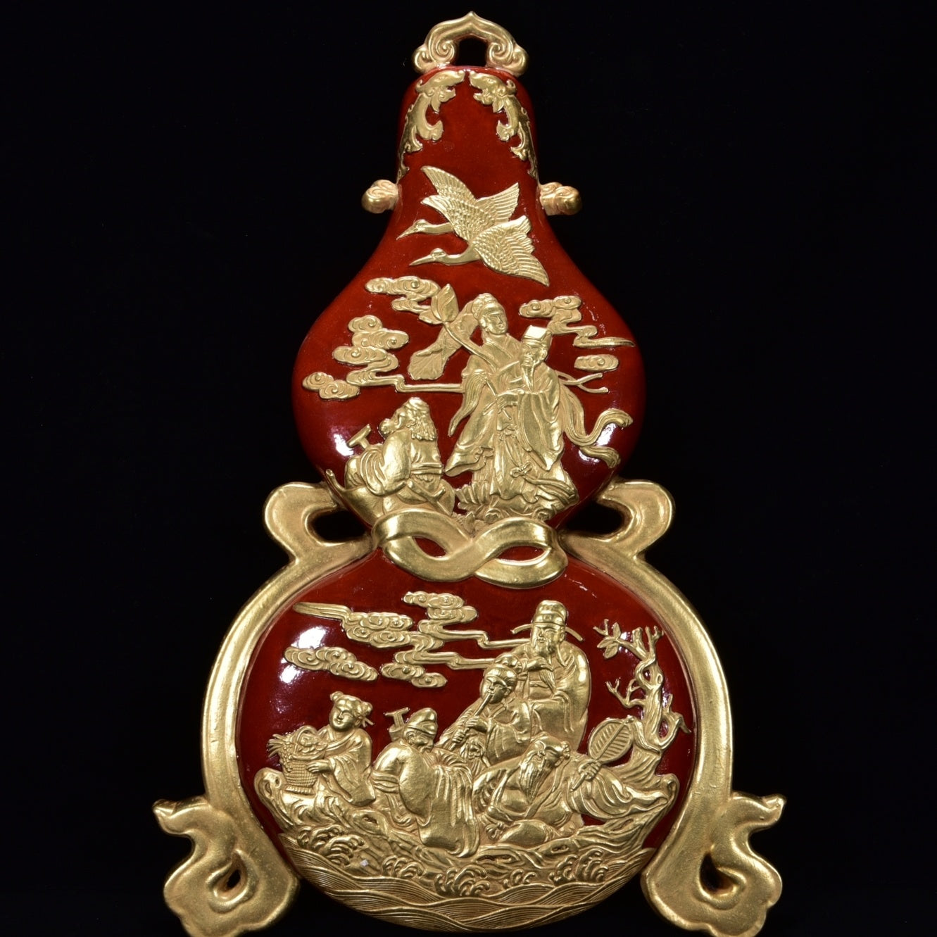 A1003 Chinese Qing Dynasty Gilt Gold Red Glaze Gourd Shape Porcelain Vase