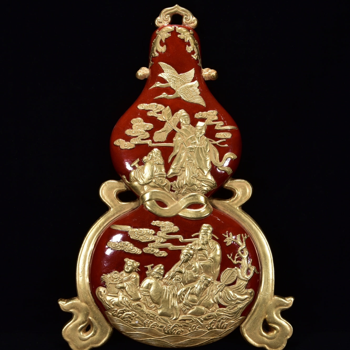 A1003 Chinese Qing Dynasty Gilt Gold Red Glaze Gourd Shape Porcelain Vase