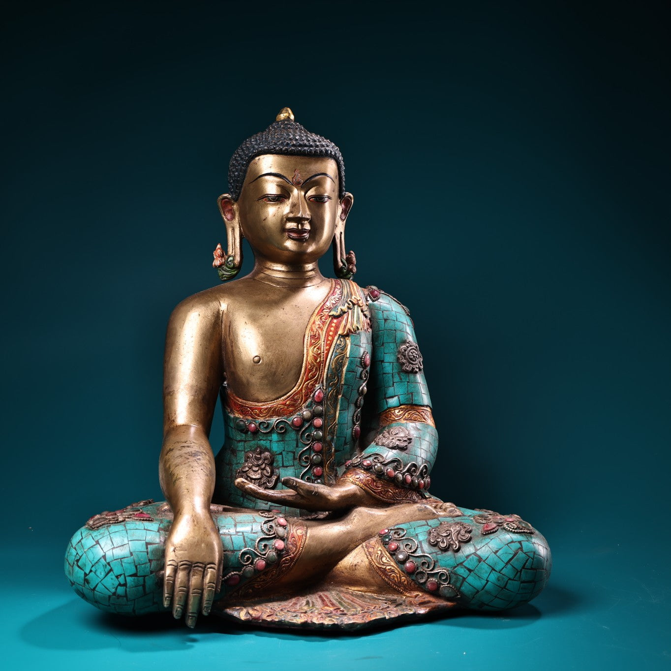 A1004 Tibetan Buddhism Gilt Gold Copper Inlay Turquoise & Gems Siddhartha Buddha Statue