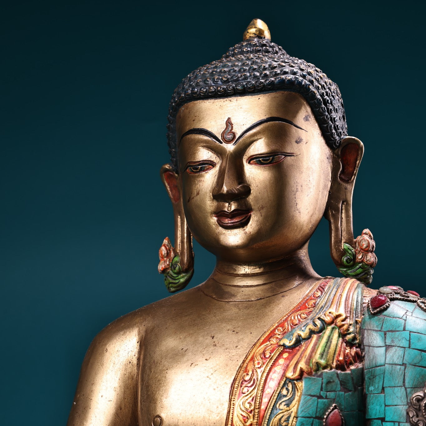 A1004 Tibetan Buddhism Gilt Gold Copper Inlay Turquoise & Gems Siddhartha Buddha Statue