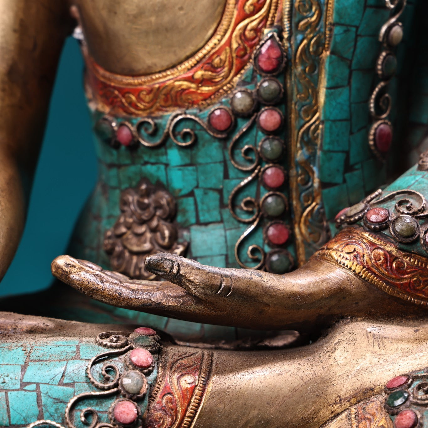 A1004 Tibetan Buddhism Gilt Gold Copper Inlay Turquoise & Gems Siddhartha Buddha Statue