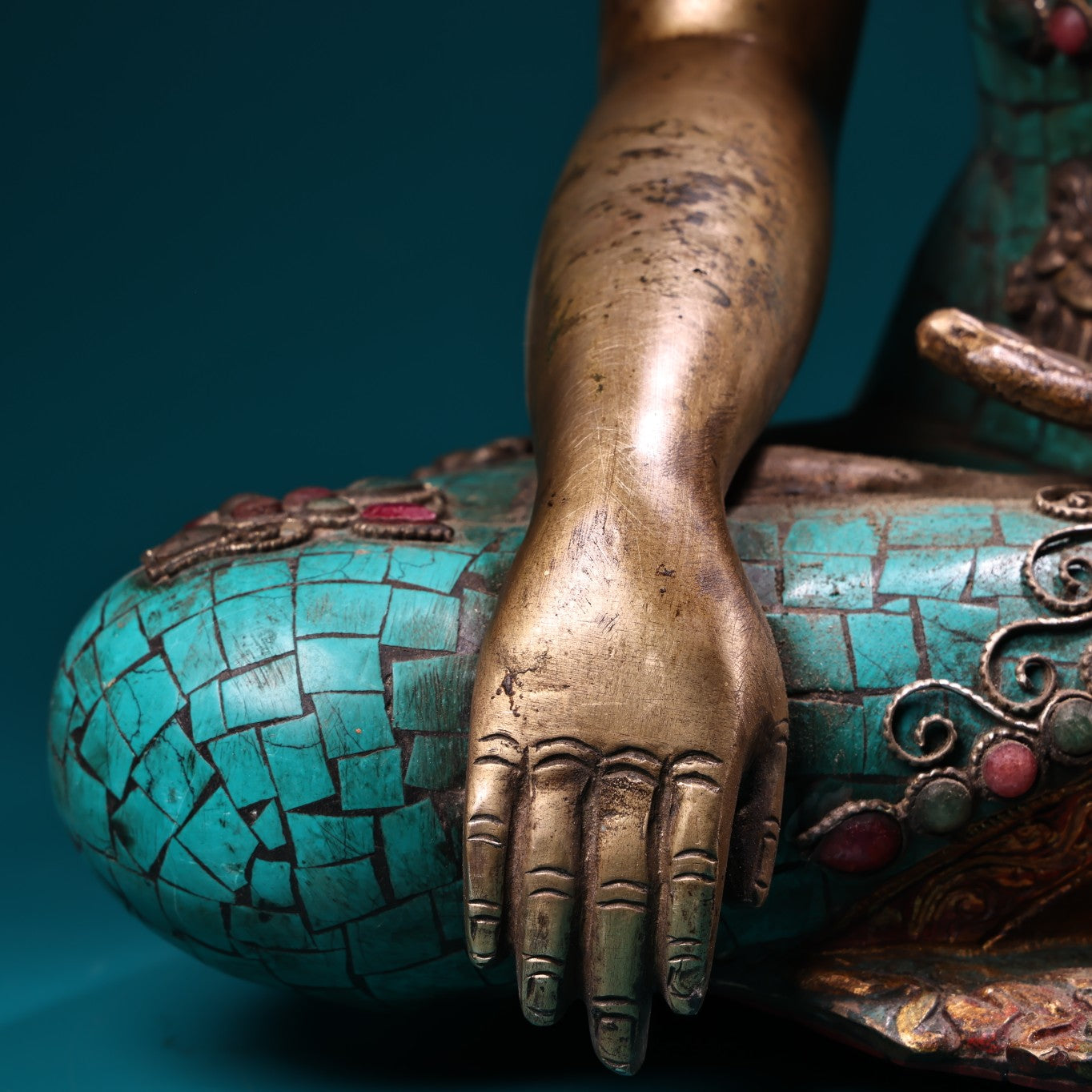 A1004 Tibetan Buddhism Gilt Gold Copper Inlay Turquoise & Gems Siddhartha Buddha Statue