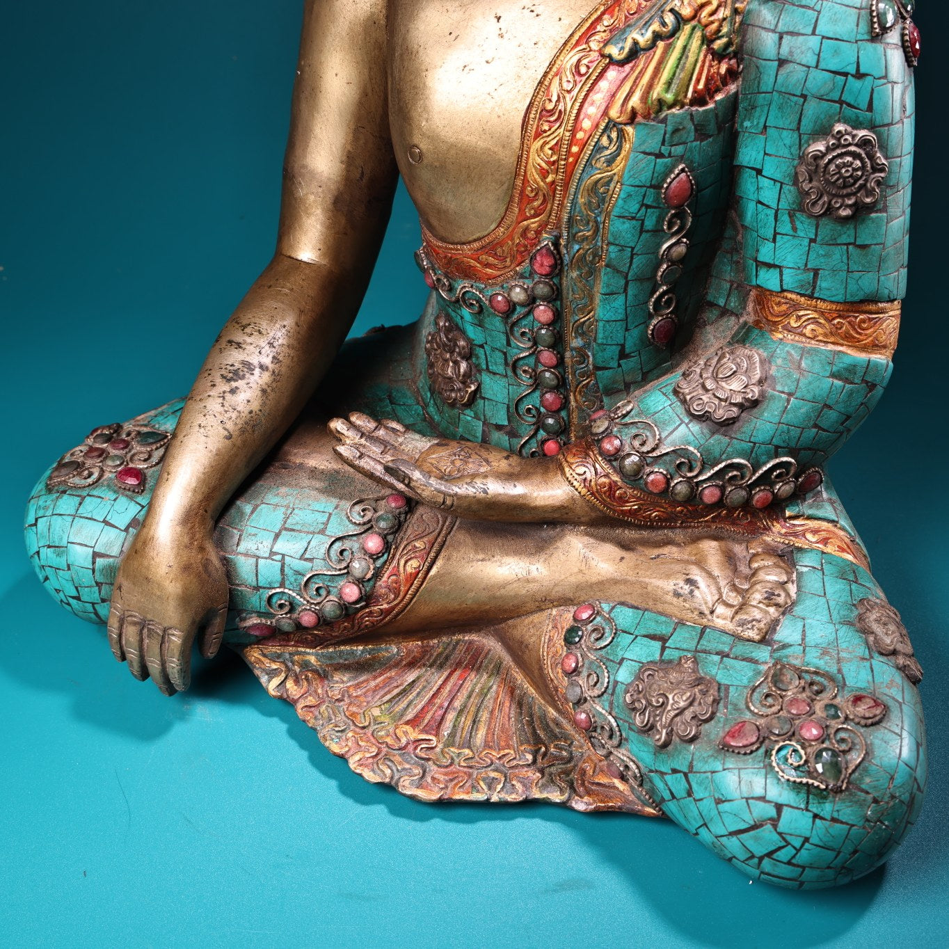 A1004 Tibetan Buddhism Gilt Gold Copper Inlay Turquoise & Gems Siddhartha Buddha Statue